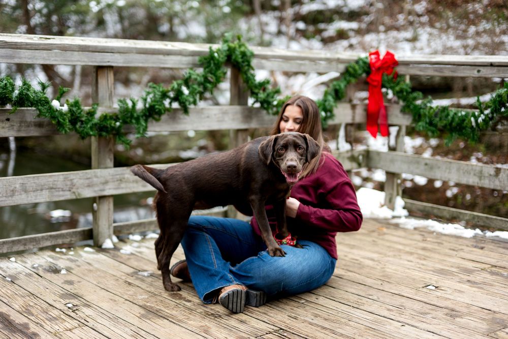 Woman sits on snowy wooden deck hugging chocolate Labrador beside festive holiday garland decor.