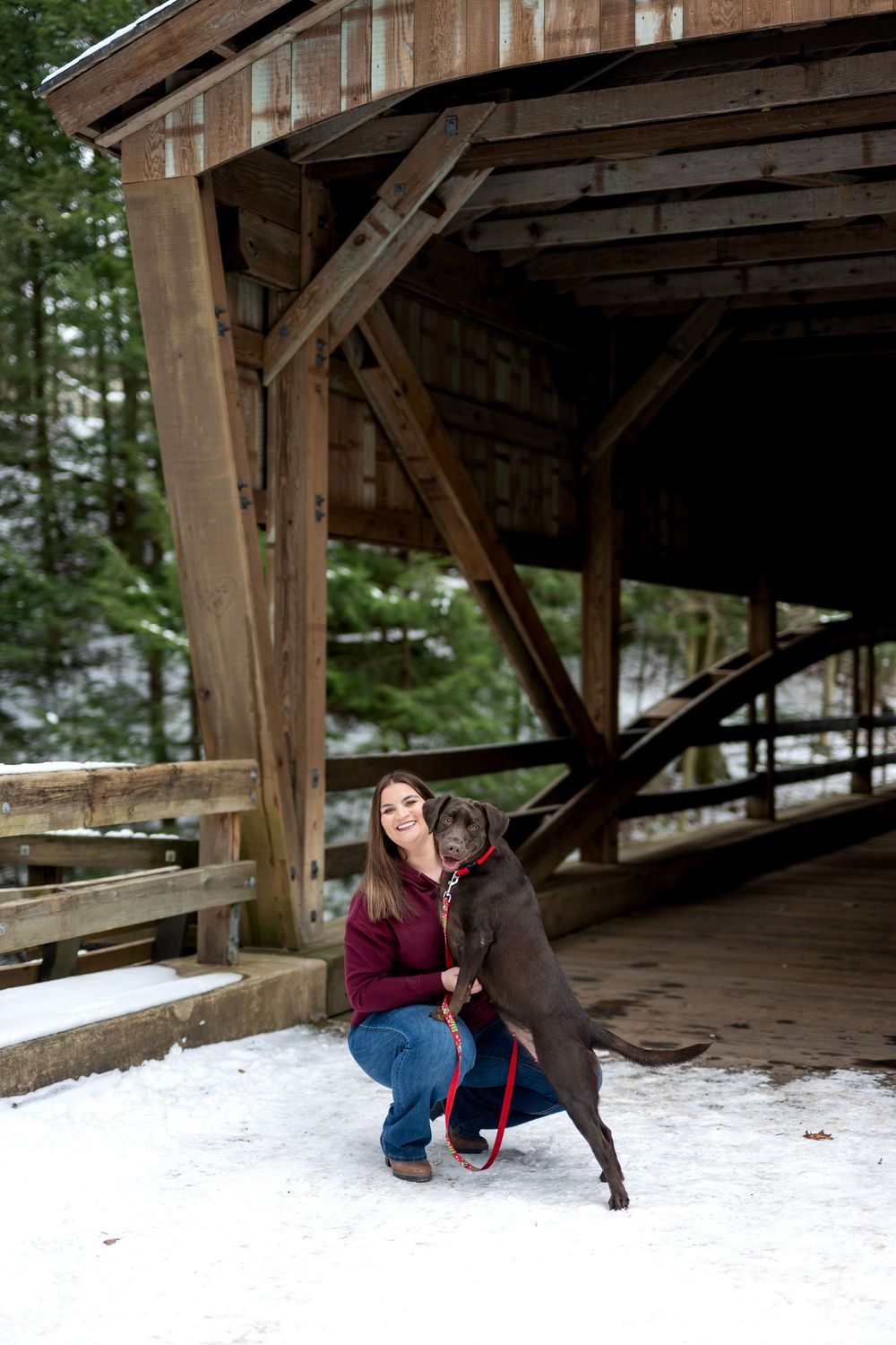 Woman kneeling with chocolate Lab dog under rustic wooden covered bridge in snow.