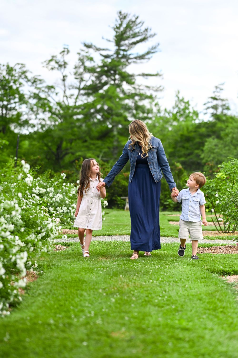 Spring garden walk with blooming flowers and greenery.