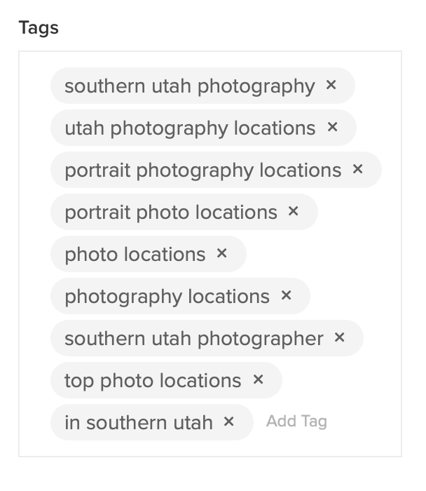 A row of tag labels showing photography-related terms including 'southern utah photography' and 'photo locations'.