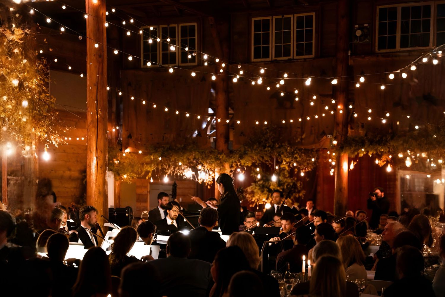 Outdoor evening event with string lights illuminating an orchestra performance.