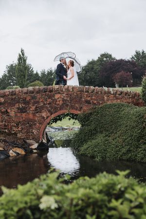 Stone bridge over stream with lush greenery in romantic garden setting.