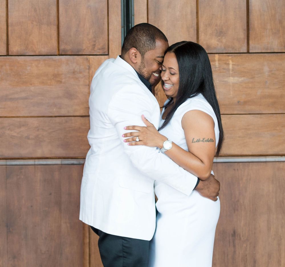A romantic engagement photo sequence showing a couple embracing against a wooden wall background.