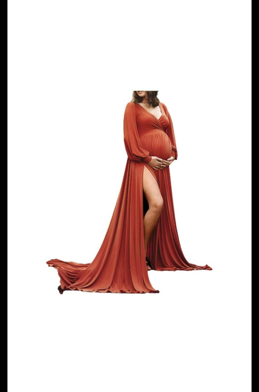 Maternity photo series showing pregnant woman in flowing rust-colored dress posing elegantly against dark background.