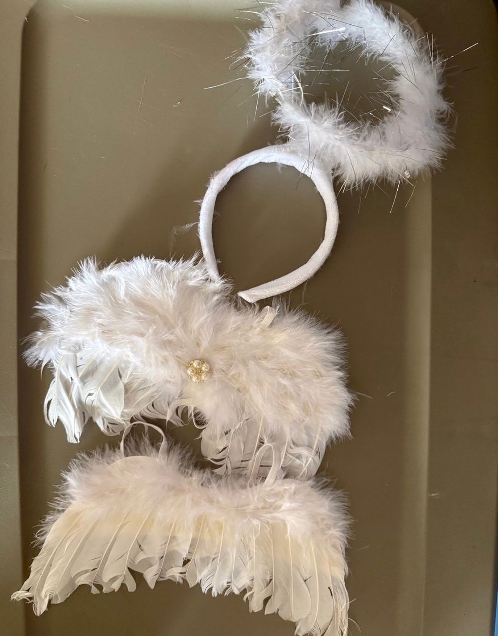 White feathered angel wings and halo costume accessories hanging against a beige wall.