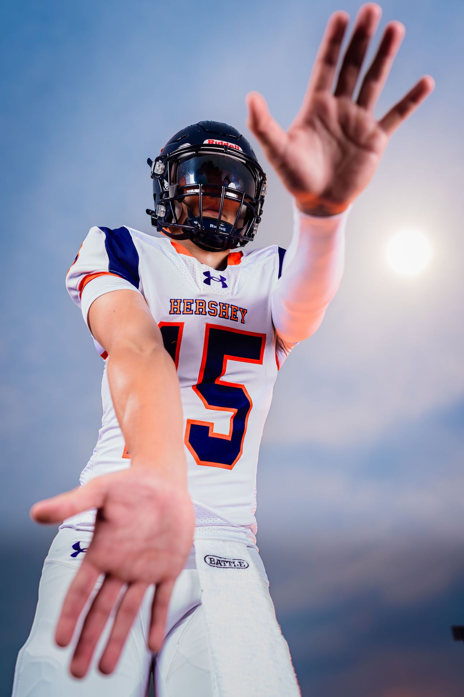 Hershey Trojans QB #15, beneath the sun, Media Day, by Deanna Fox, SportsFox Photography based in Hershey PA