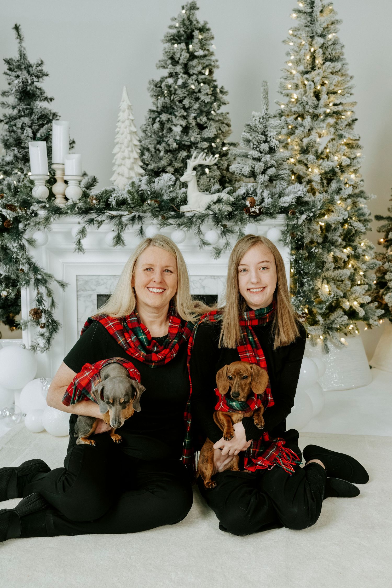 Two dachshund dogs and their owners in matching black and plaid outfits pose in front of decorated Christmas trees.