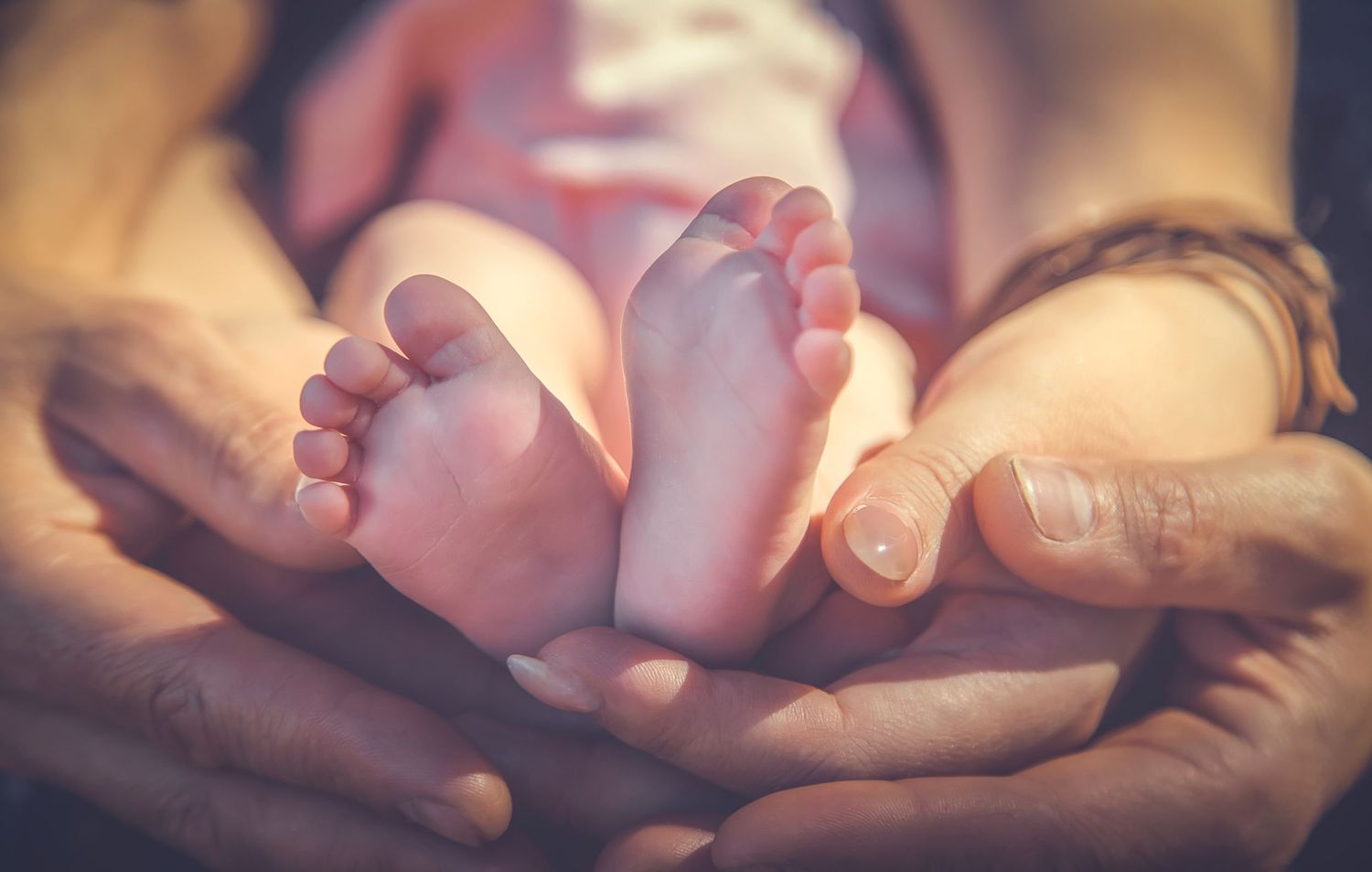 Tiny newborn baby feet rest gently in adult hands in warm lighting.