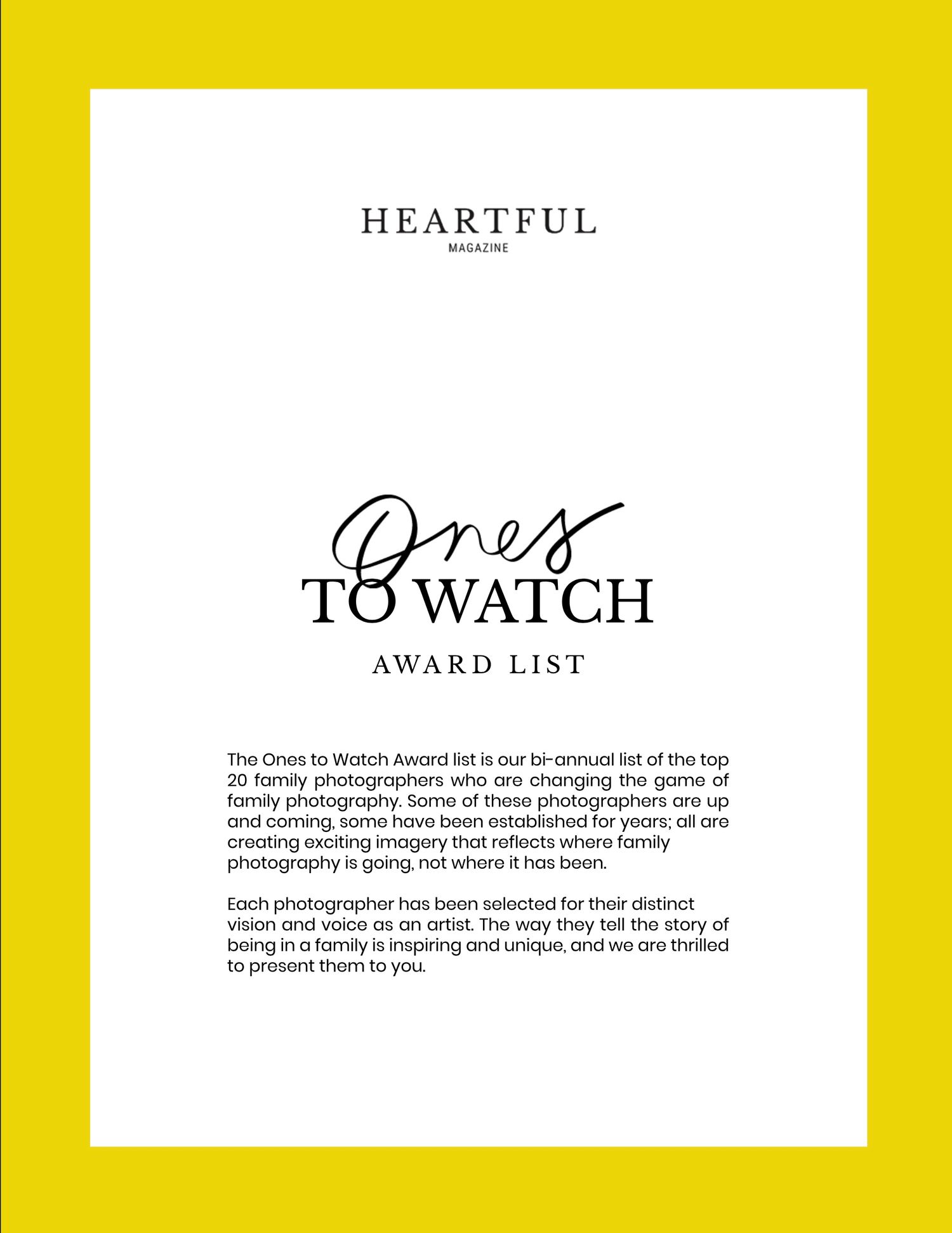 Yellow-bordered award list page for Ones to Watch photography recognition.