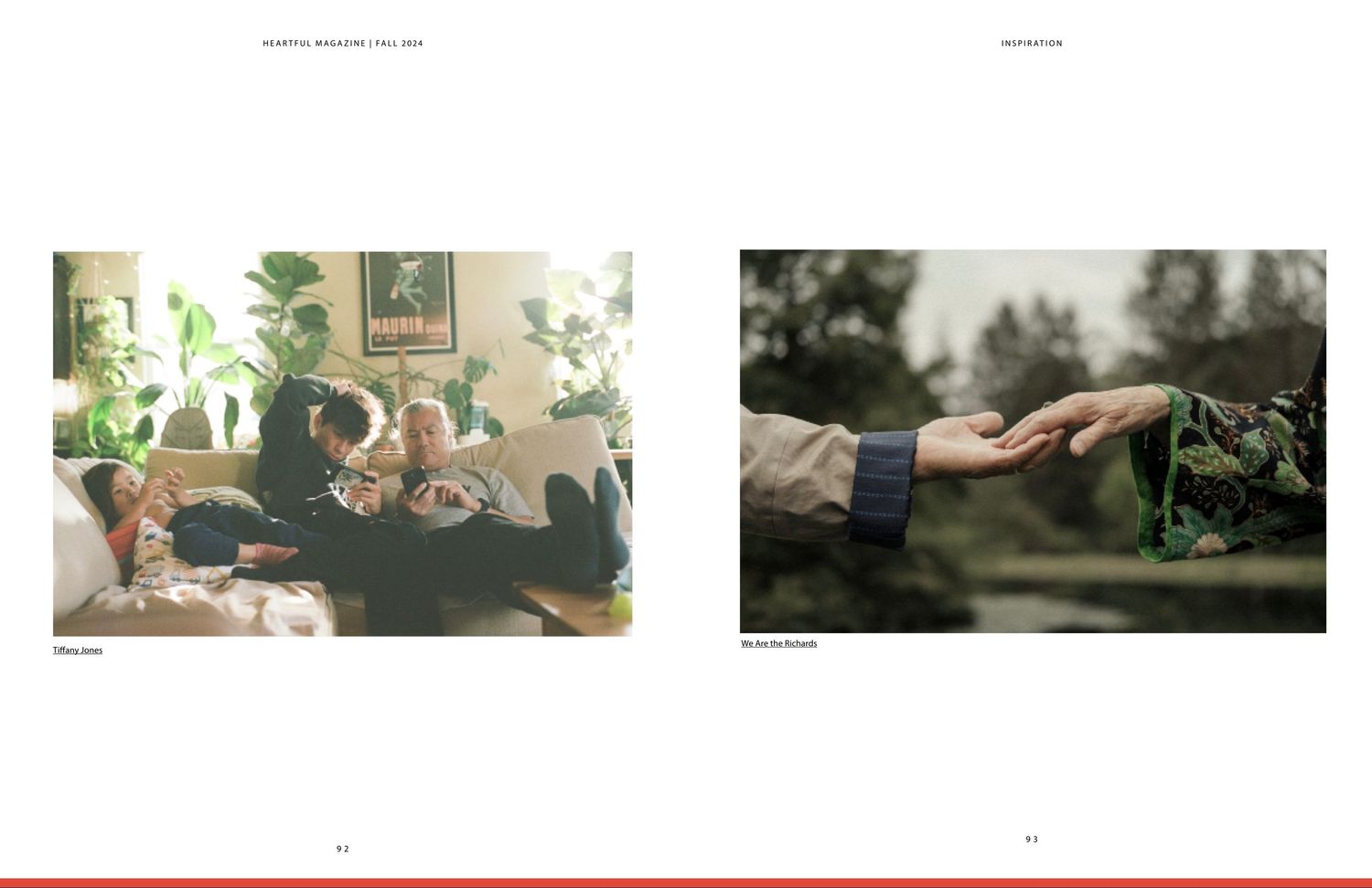 Magazine spread showing family gathering and hands reaching across images.