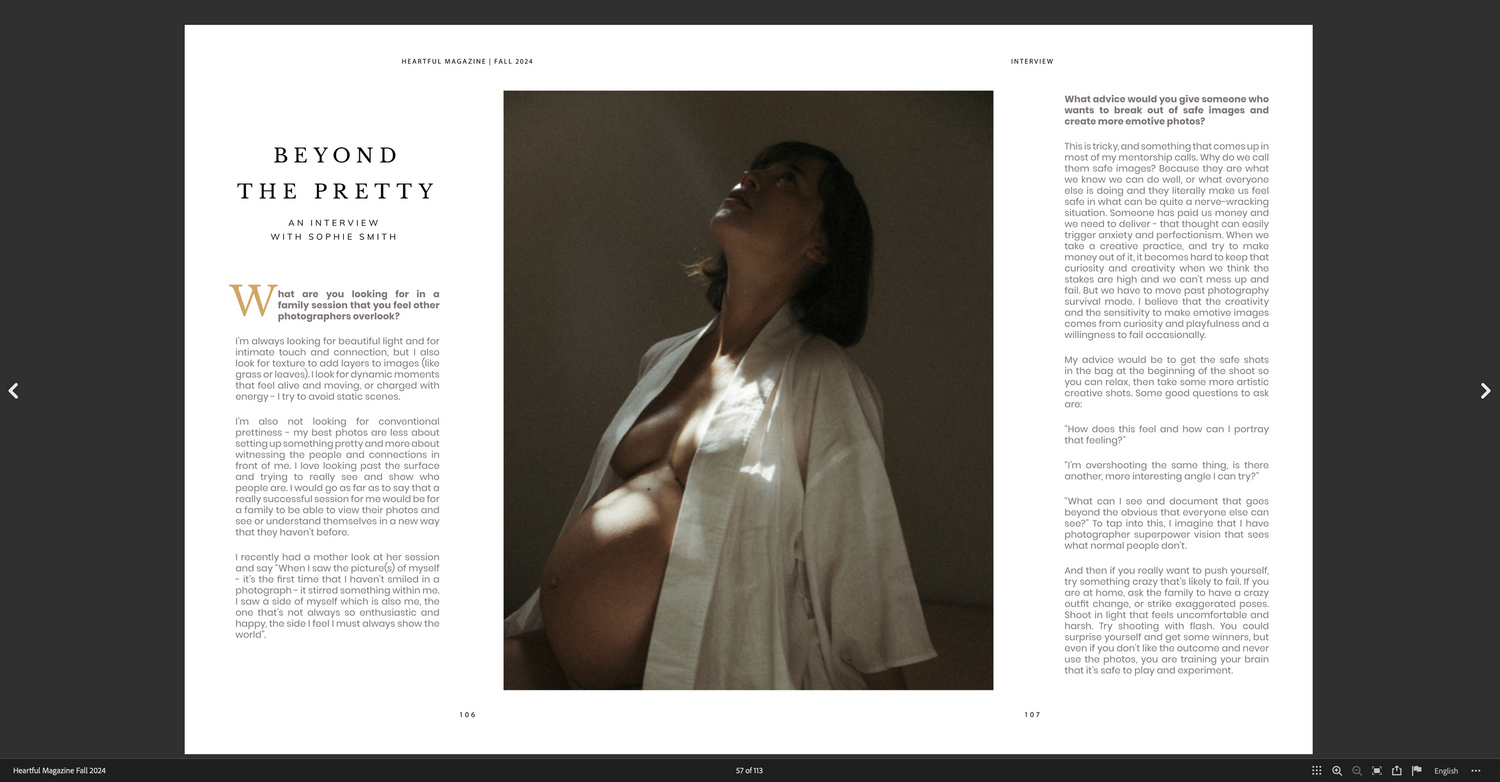 Editorial magazine layout featuring dark moody photography and clean typography on white pages.