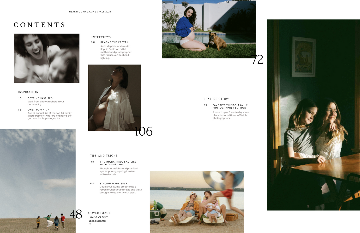 Magazine spread showcasing multiple lifestyle photos and text layouts in a grid format.