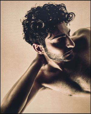 A shirtless man with curly dark hair poses dramatically in a sepia-toned artistic portrait shot.