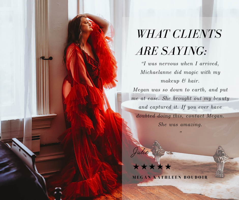 Red aesthetic photo collage with moody lighting and customer review text overlay showing positive testimonials.