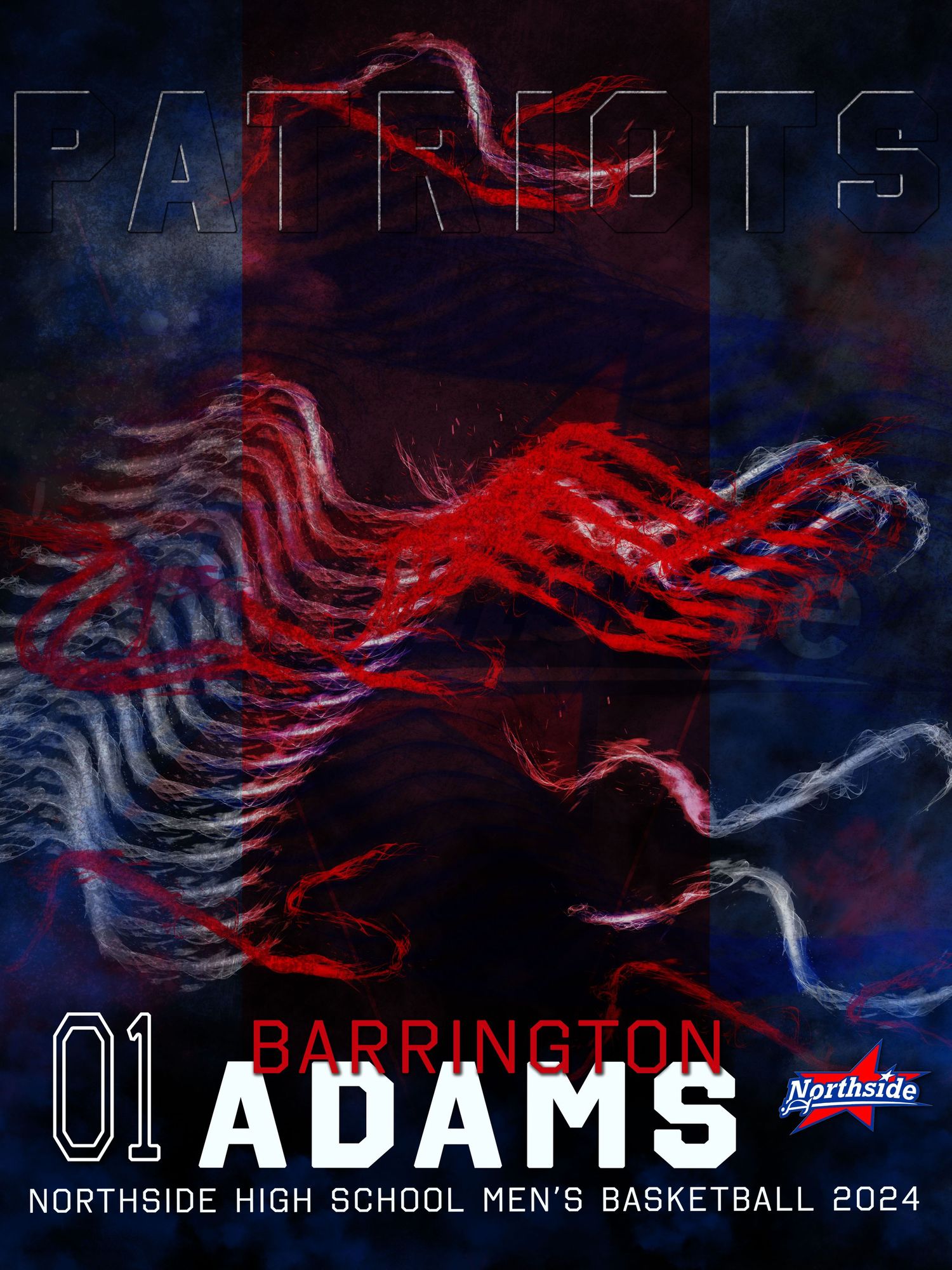 Basketball poster design featuring PATRIOTS text and red wavy motion lines against a dark blue shadowy background.