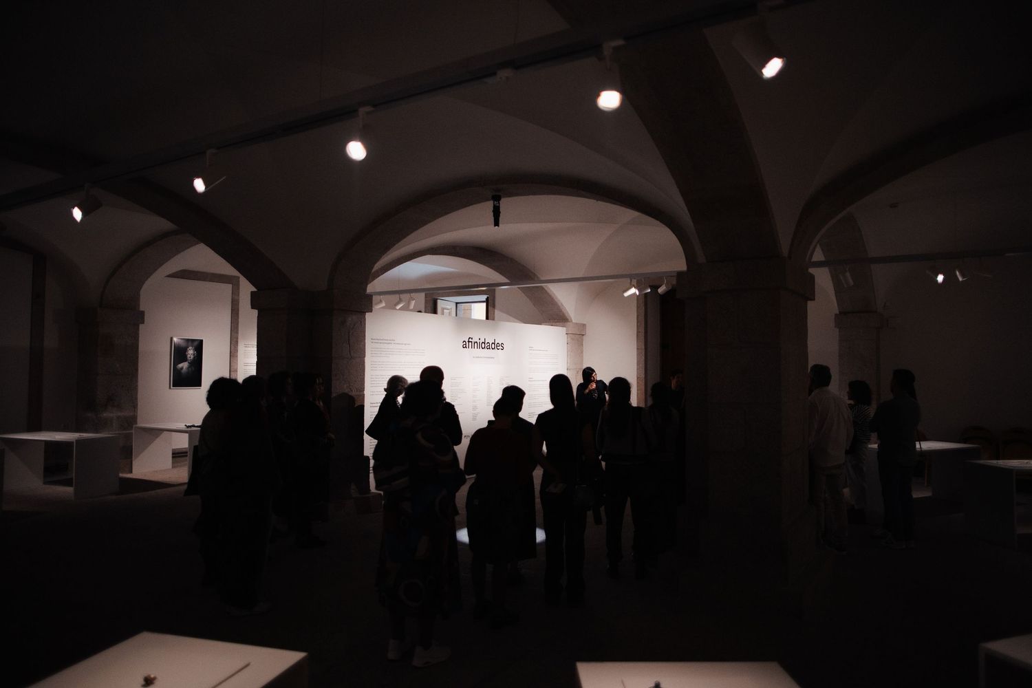 Silhouettes of gallery visitors in an arched exhibition space with spotlights.