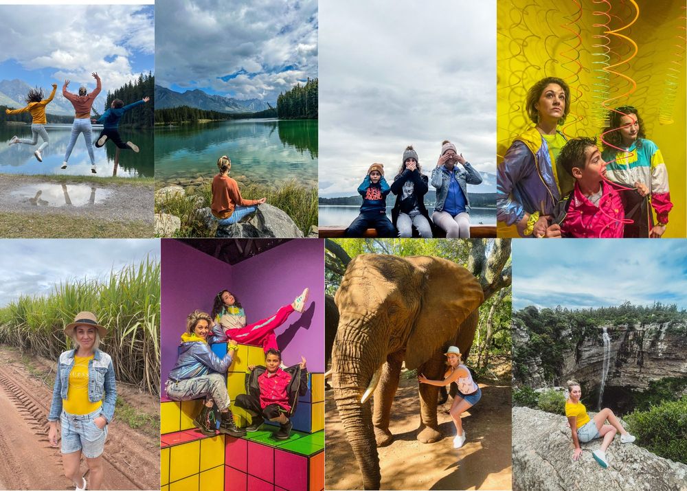 A collage of active family adventures showing hiking, swimming, and outdoor activities against scenic natural landscapes.