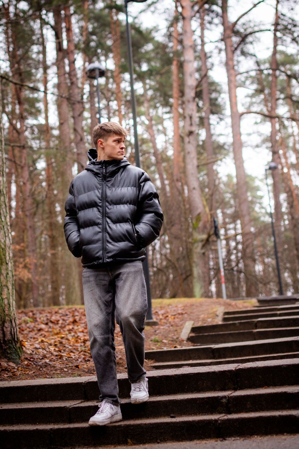 Person in winter coat walking up wooden steps on forest trail.