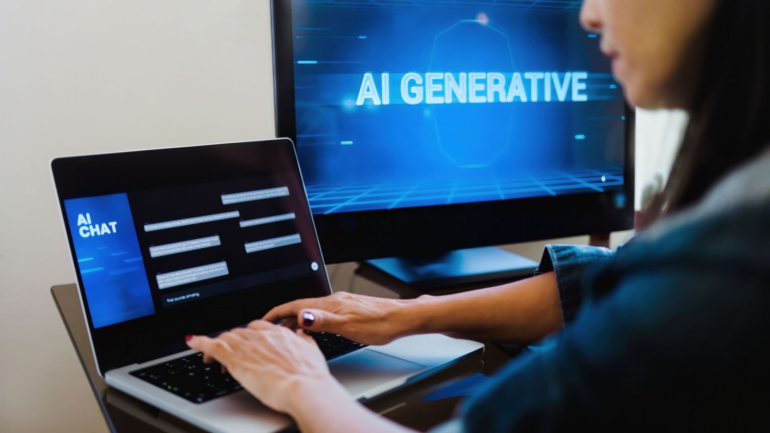 Someone works at a computer desk with AI Generative text displayed on a monitor screen in the background.