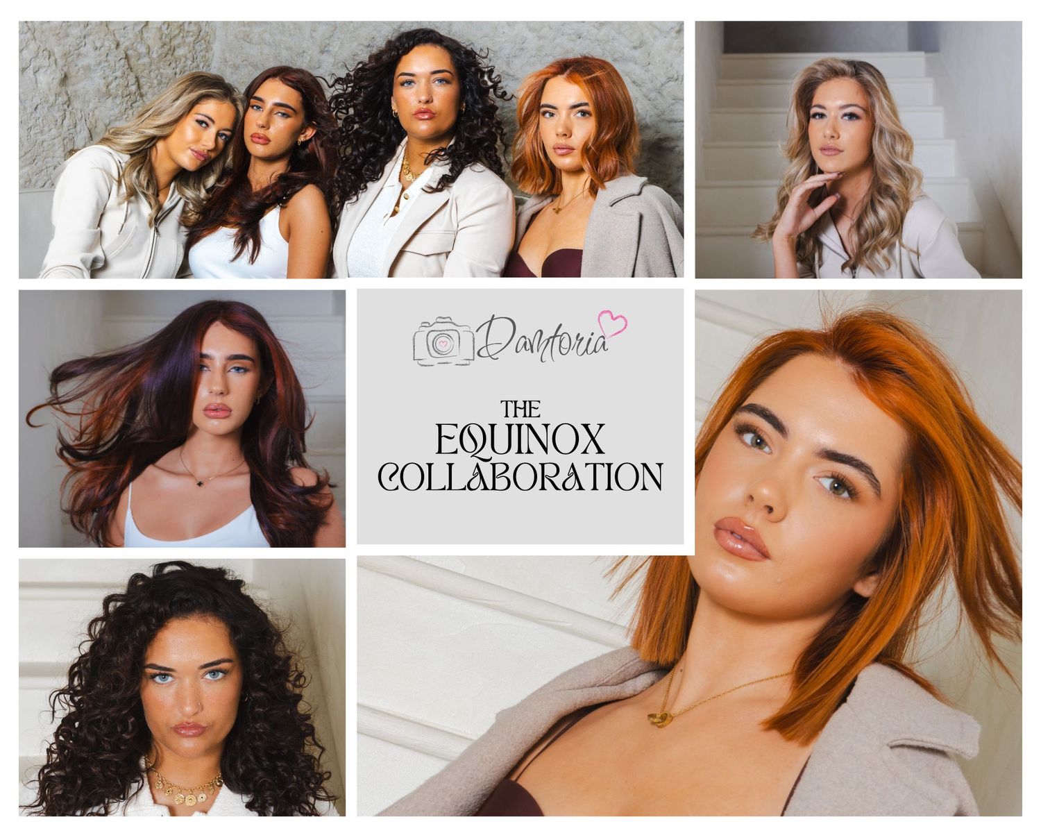 Fashion photo collage featuring models with diverse hairstyles and poses in neutral tones and dramatic lighting.