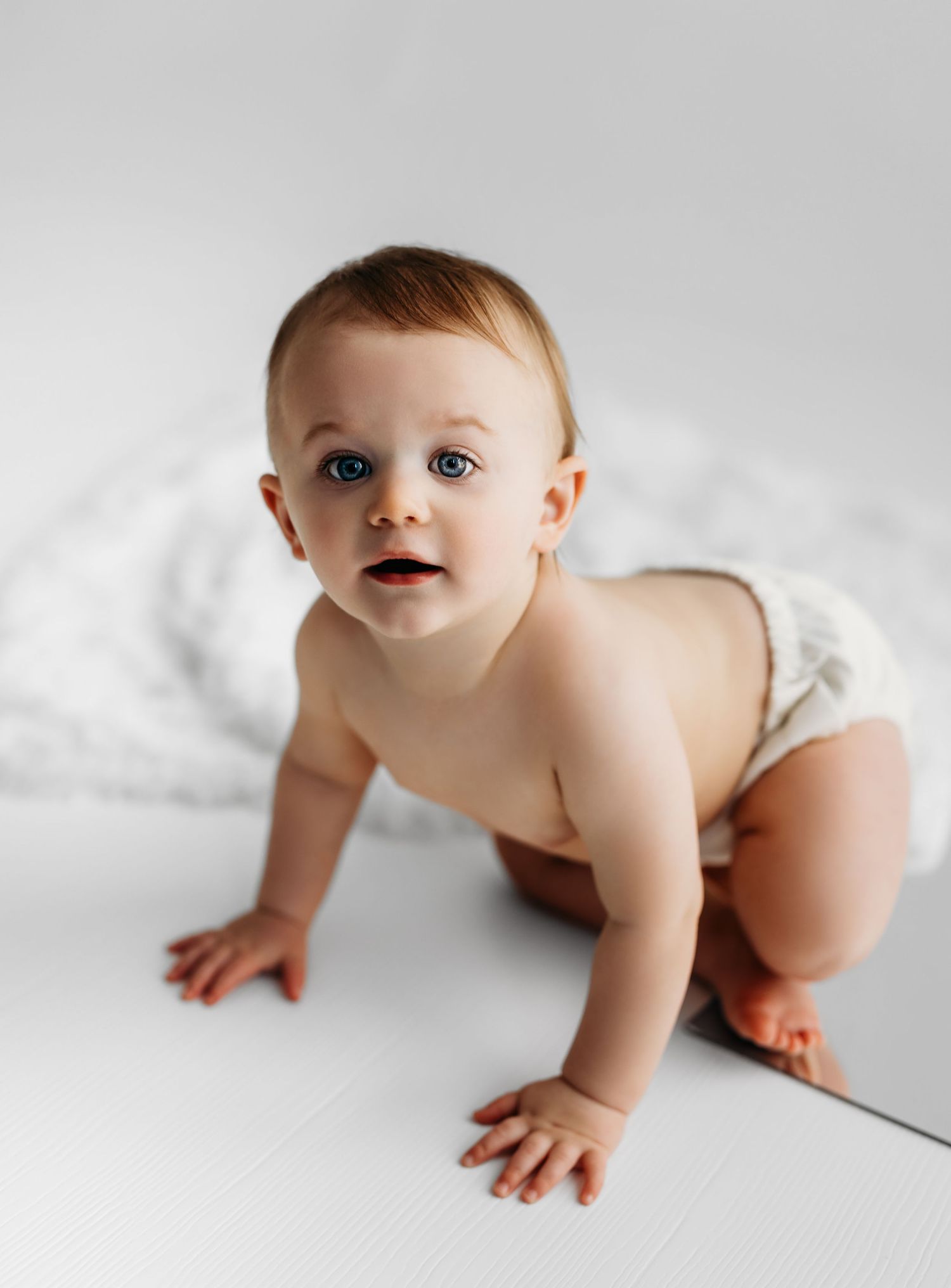 A collection of artful nude maternity photos showing a pregnant figure against a white backdrop.