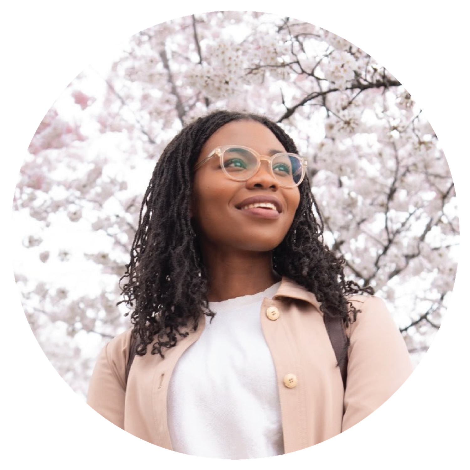 Four stylish collage images showing a person enjoying spring cherry blossoms while wearing sunglasses and a light coat.