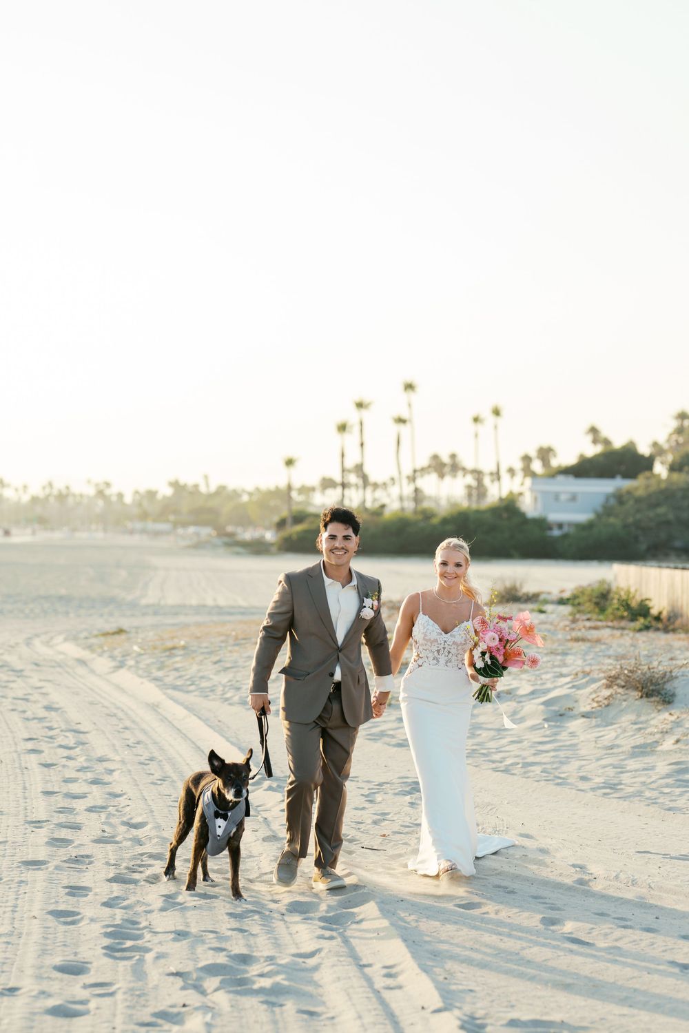 A couple walks along a sandy beach at sunset with their dog, creating romantic seaside wedding portraits.