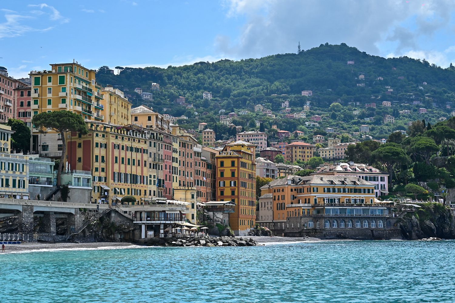Panoramic view of colorful buildings along the waterfront in Portofino, Italy with green hills in the background.