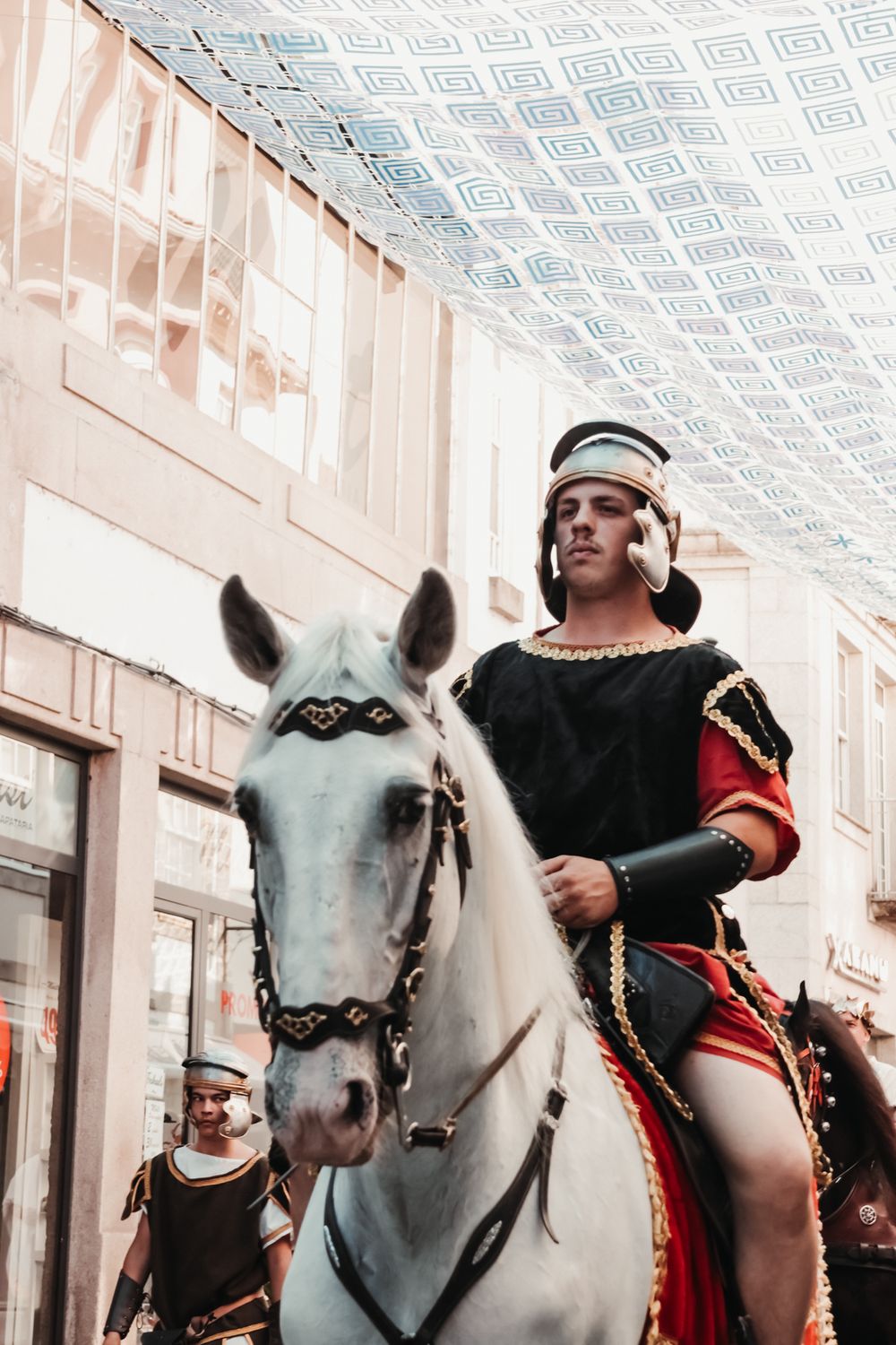 White horse in ornate ceremonial gear during a traditional event.