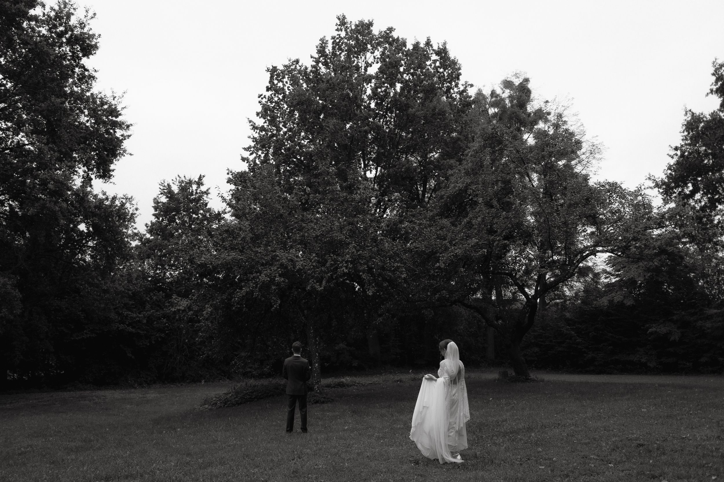 A wedding ceremony procession walks along a tree-lined path in a scenic outdoor garden setting on a sunny day.