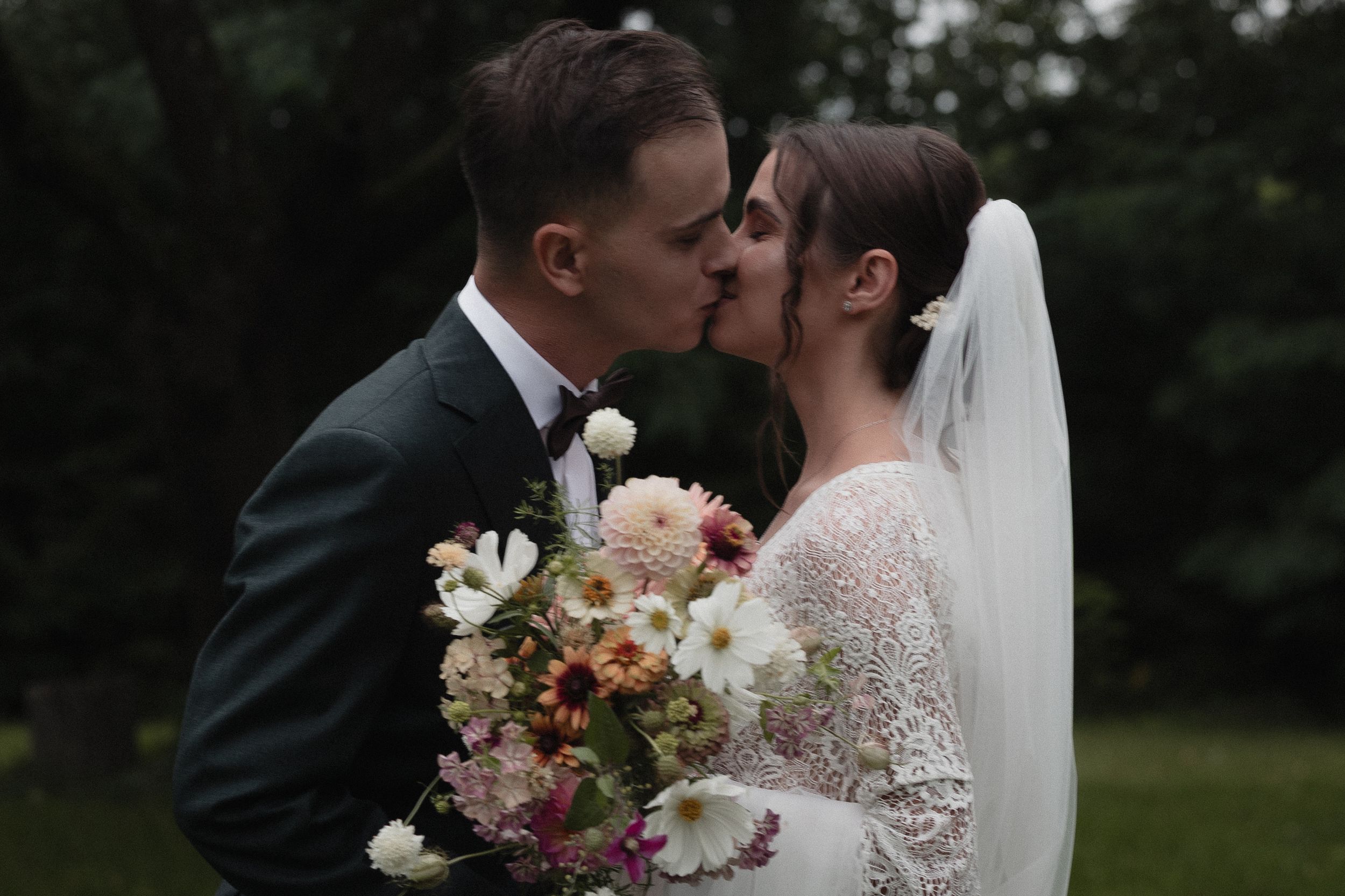 A couple embraces in formal wedding attire surrounded by nature in a romantic multi-panel photo collage.