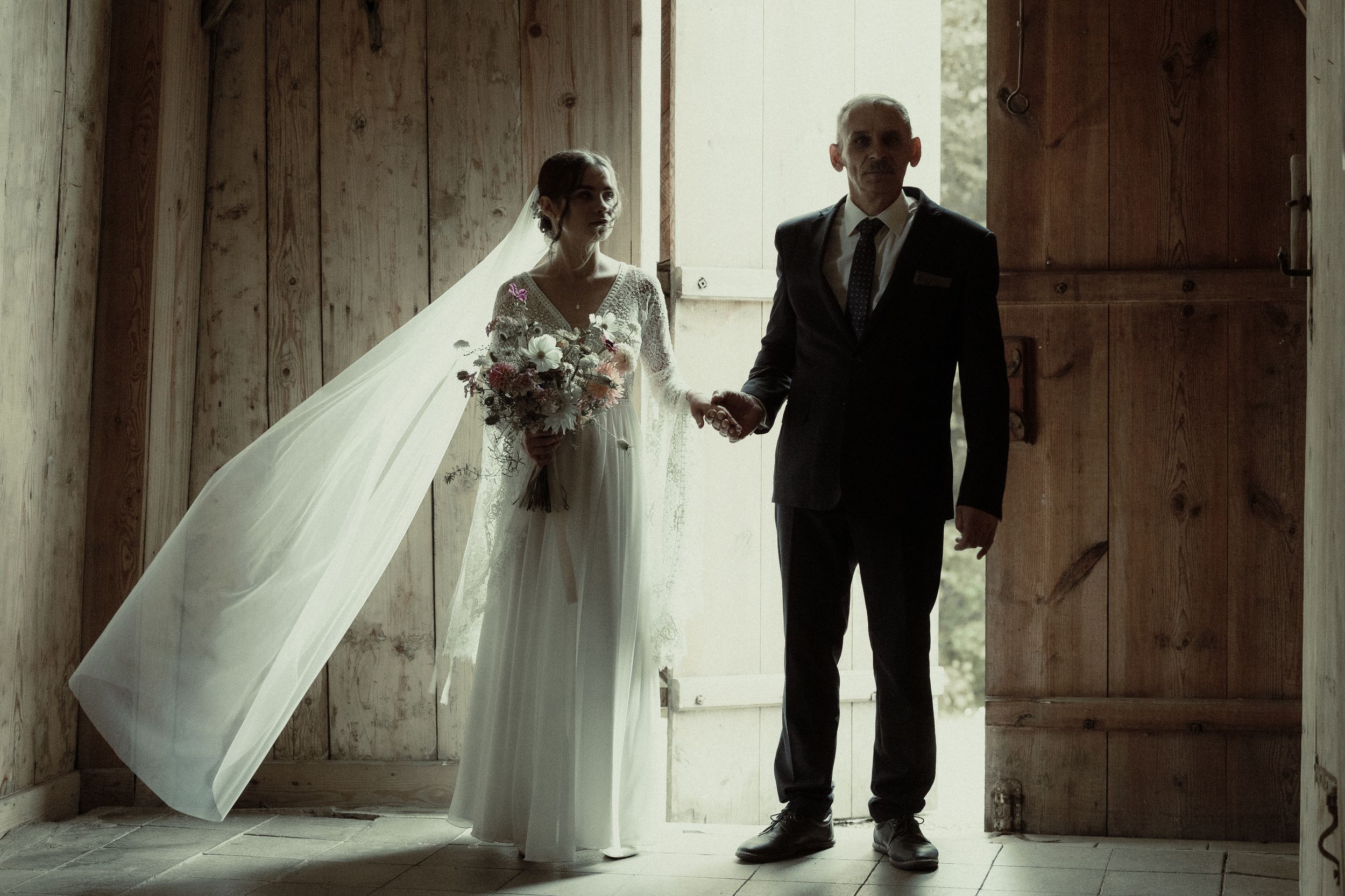 Sequence of wedding photos showing tender interactions between bride and groom in wooden doorways.