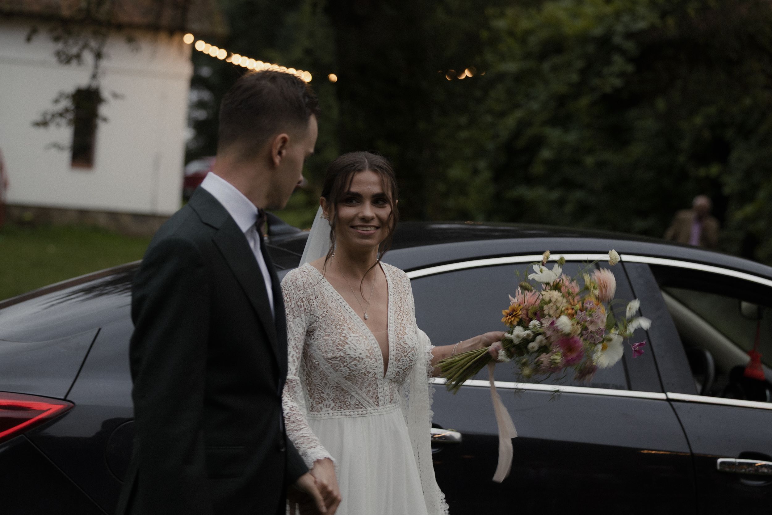 A collage of outdoor wedding photography moments showing couples in formal attire near cars and natural settings.