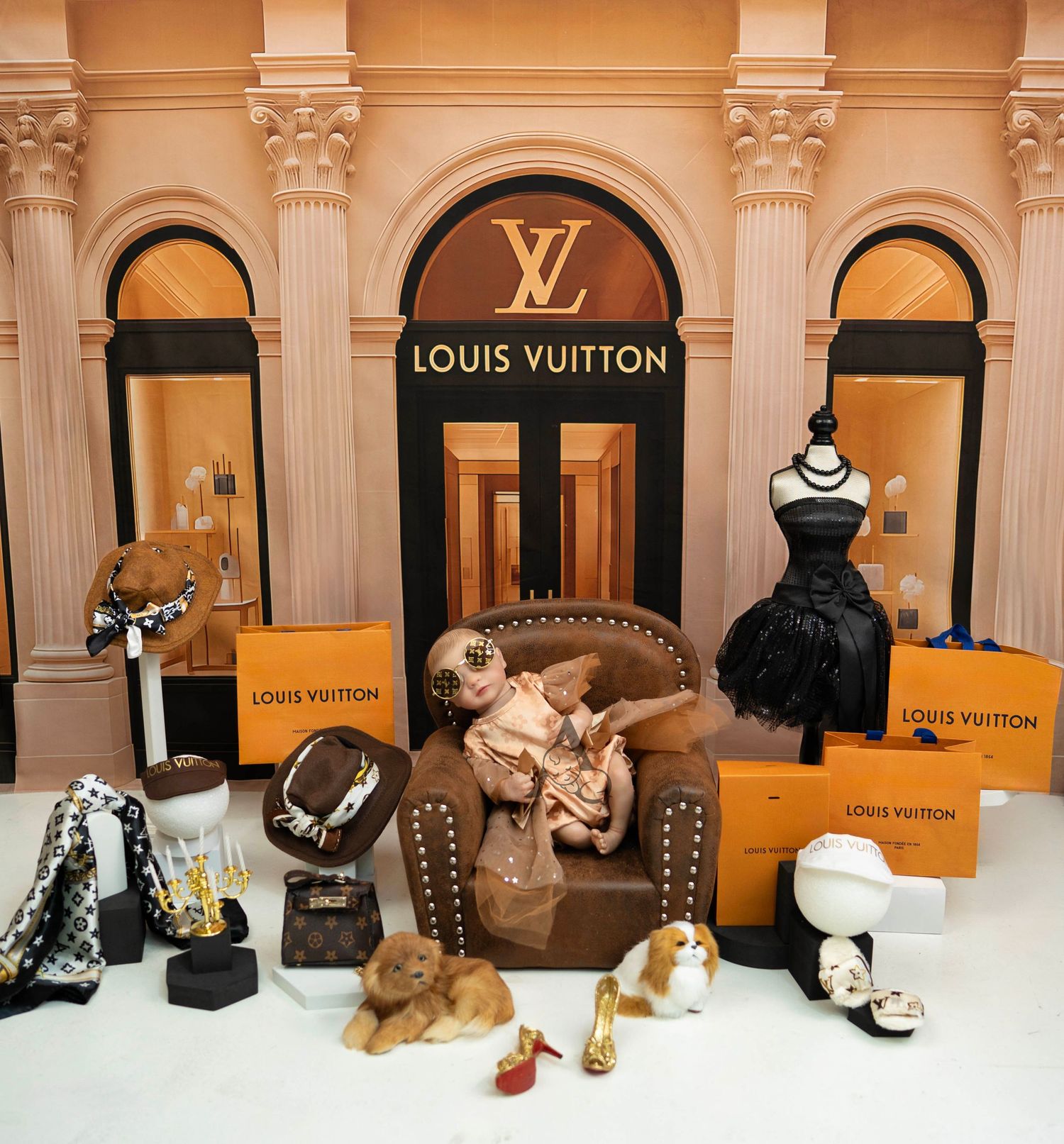 Louis Vuitton retail display with monogram bags, jewelry, and accessories showcased in an elegant boutique setting.