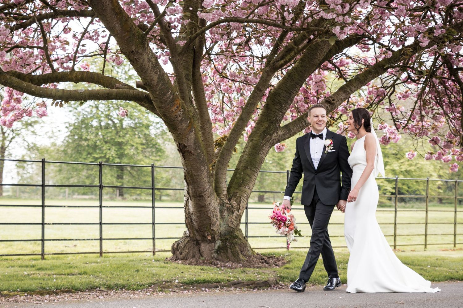 Wedding couple strolling beneath blooming cherry blossom trees in the gardens of Kelham House on a spring day
