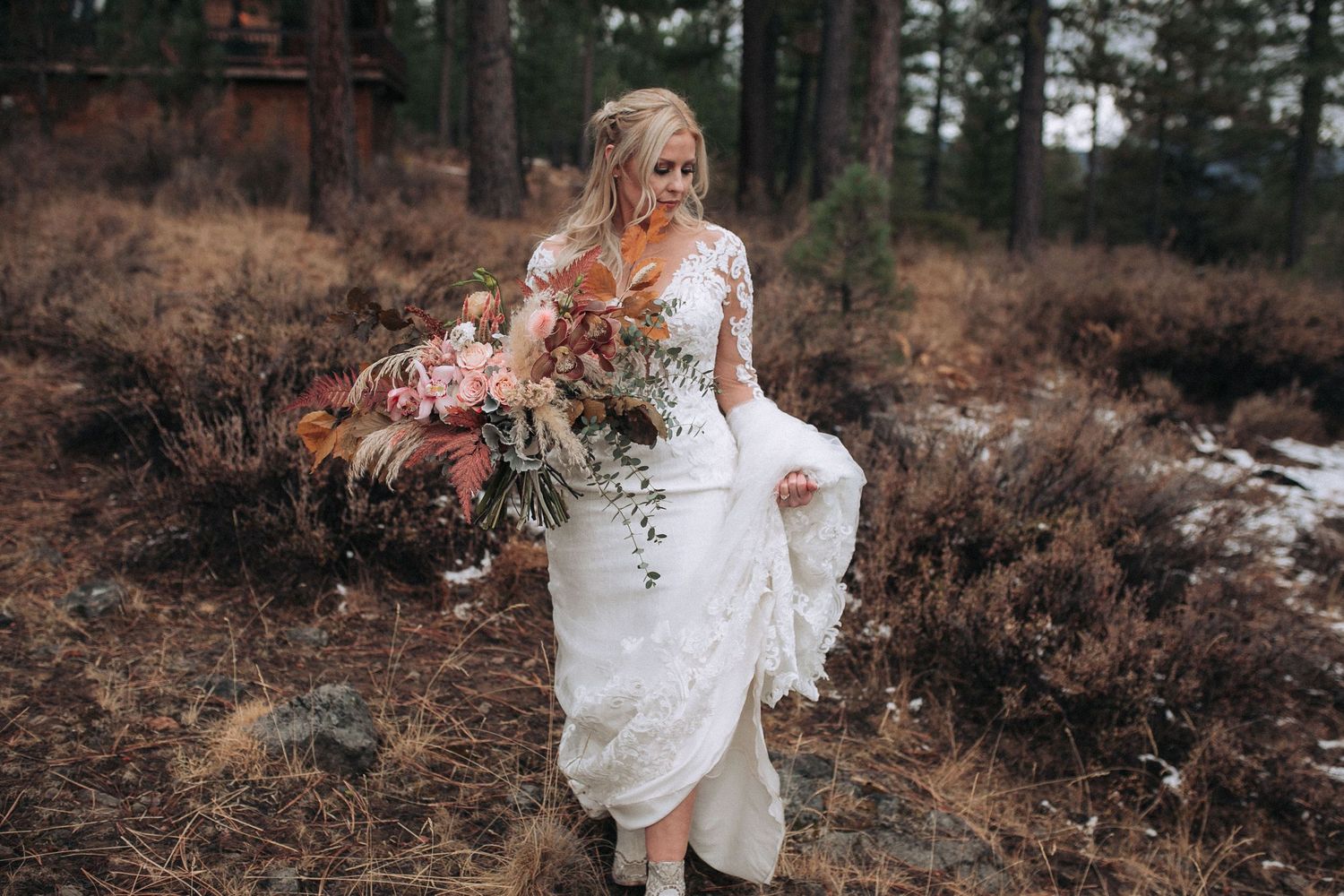 Bride in her wedding gown during bridal portraits in North Idaho