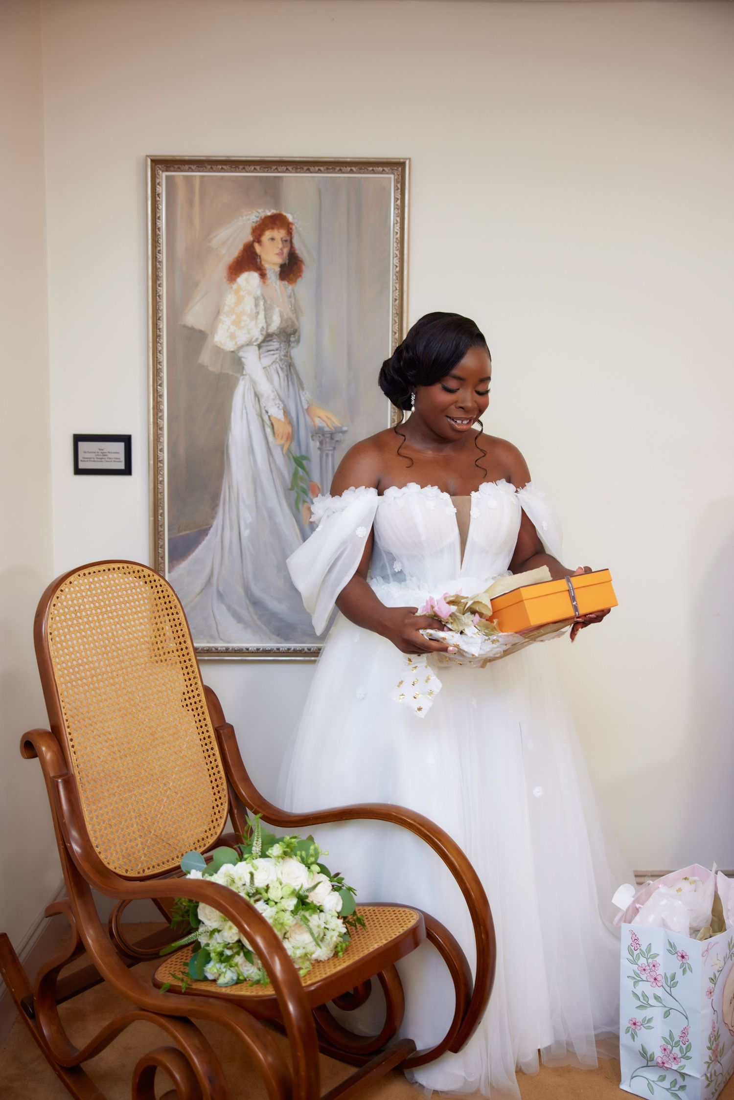 A series of progressive photos showing a bride in a white wedding dress sitting in an elegant cane back chair.