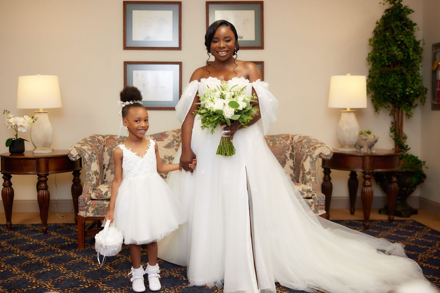 A collection of wedding photography shots showing elegant bridal party preparations and formal portraits in an indoor setting.