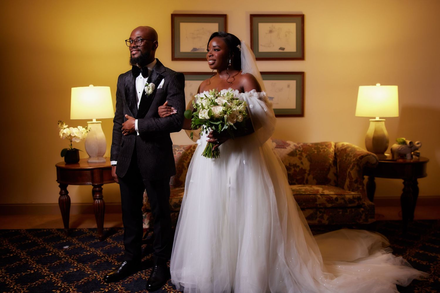 A sequence of wedding party photos shows couples in formal attire posing in a warmly lit room with lamps and frames.