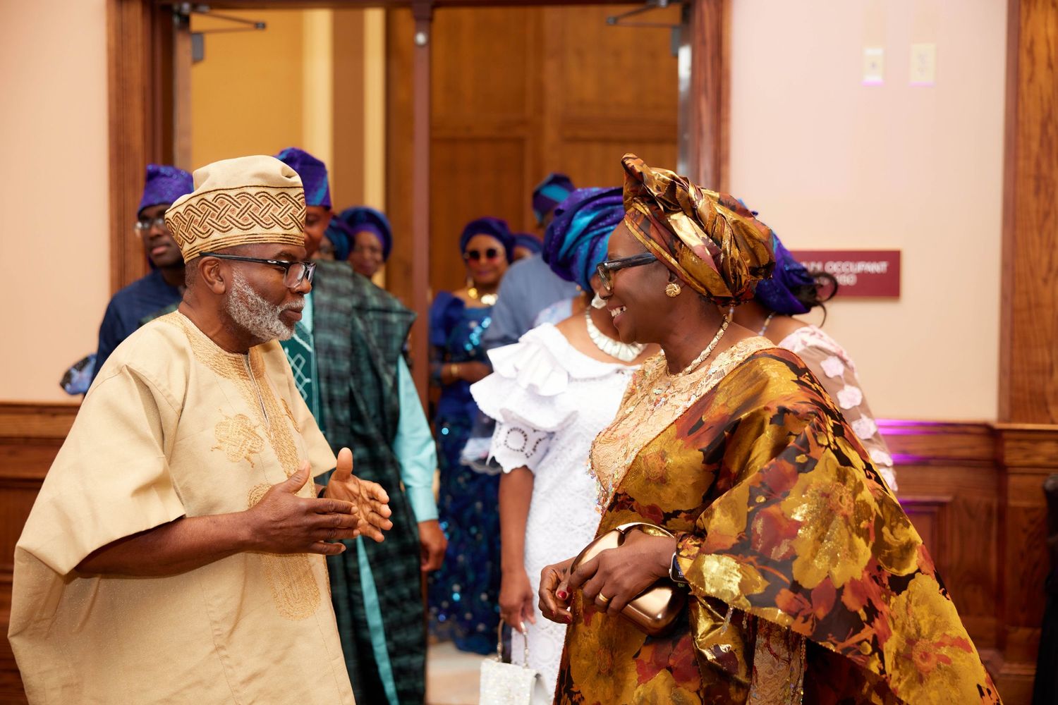 A row of traditional wedding scenes showing couples in West African attire celebrating their special day.