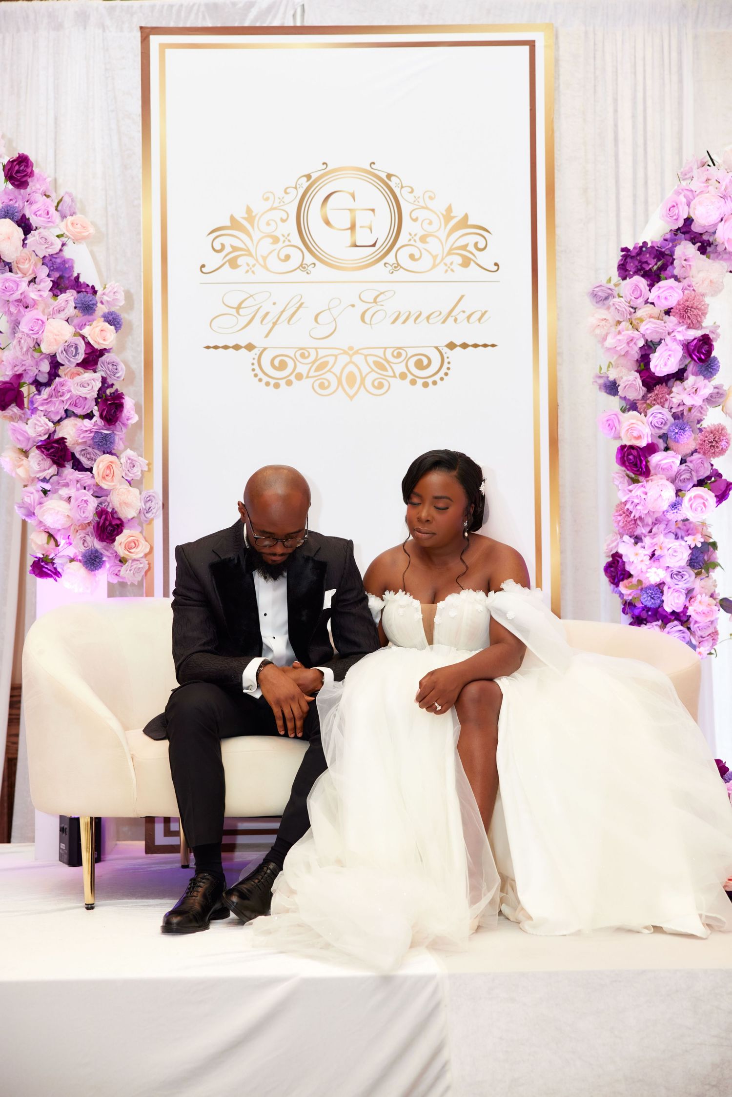 A series of bridal portraits set against a white wall with purple floral decorative elements.