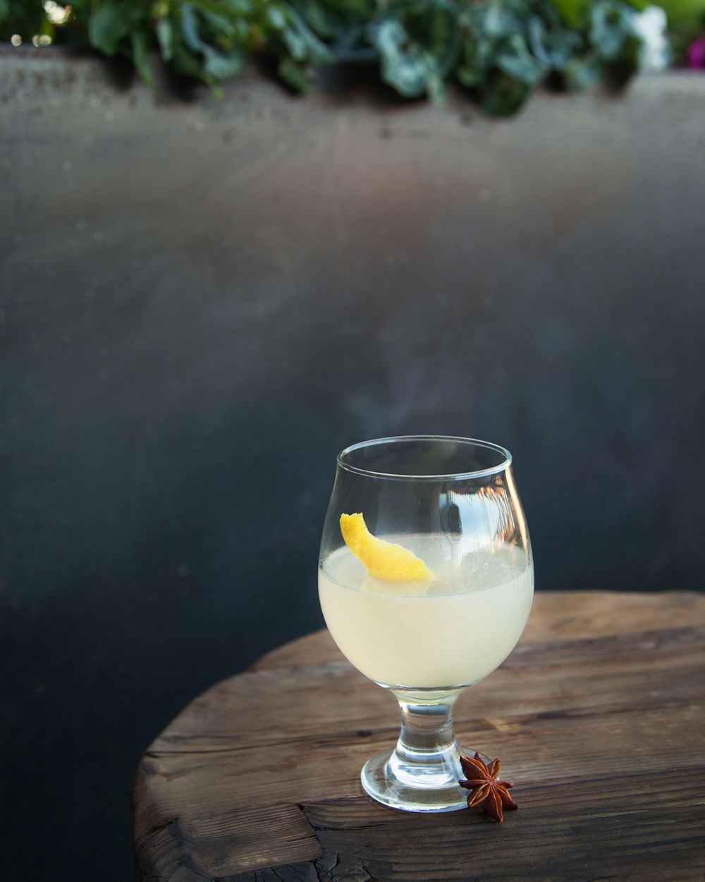 Elegant cocktail glass with lemon garnish on rustic wooden surface.