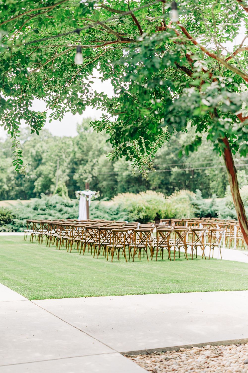 Elegant outdoor wedding ceremony setup with wooden chairs arranged in rows under sprawling green trees on a grassy lawn at Barn South