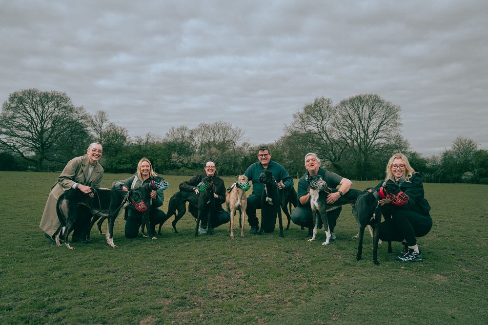 Group of people posing with greyhound dogs in a green field on a cloudy day in the countryside.