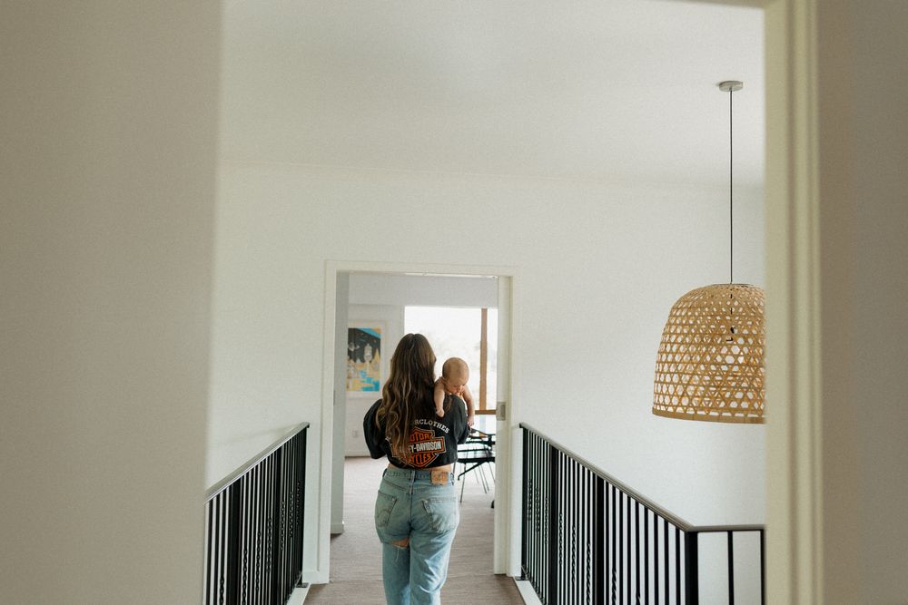 Series of candid moments captured in a modern minimalist home interior with natural lighting.
