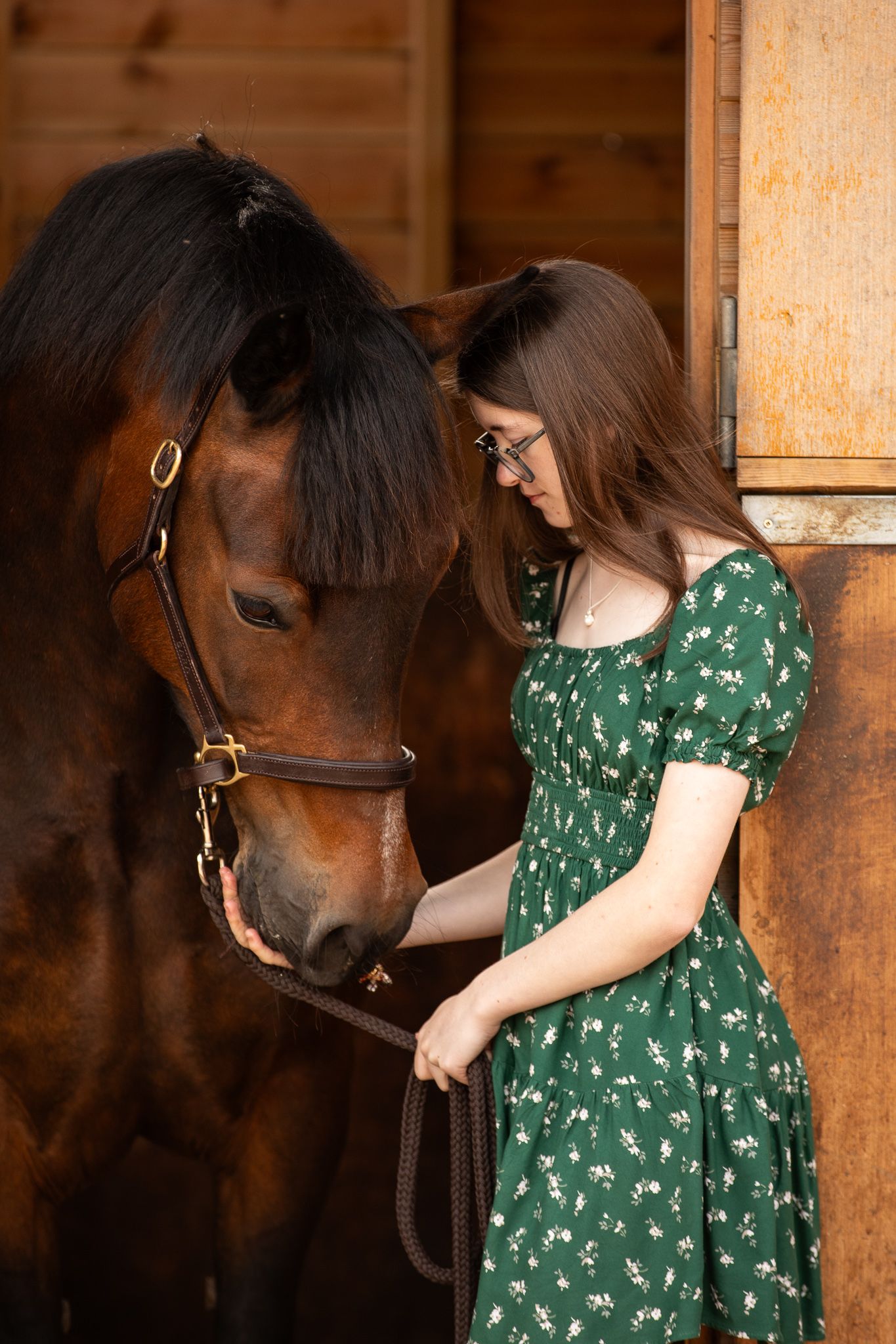 Person in green floral dress pets and bonds with a beautiful brown horse in wooden stable setting.