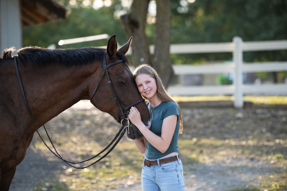 A gentle outdoor equestrian photoshoot sequence showing loving moments between a rider and their brown horse.