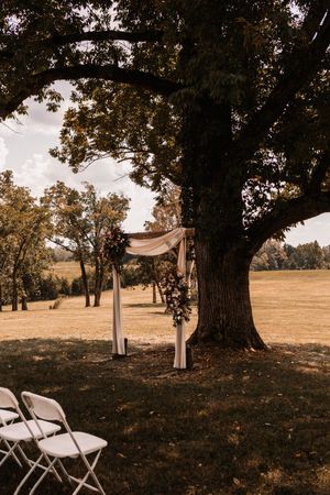 Rustic outdoor wedding ceremony arch decorated with flowers and fabric under large oak tree.