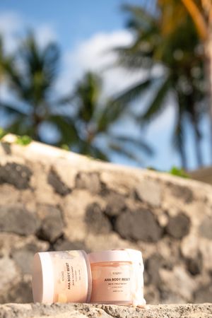 Cosmetic skincare products displayed on a rustic stone wall with tropical palm trees and blue sky in the background.