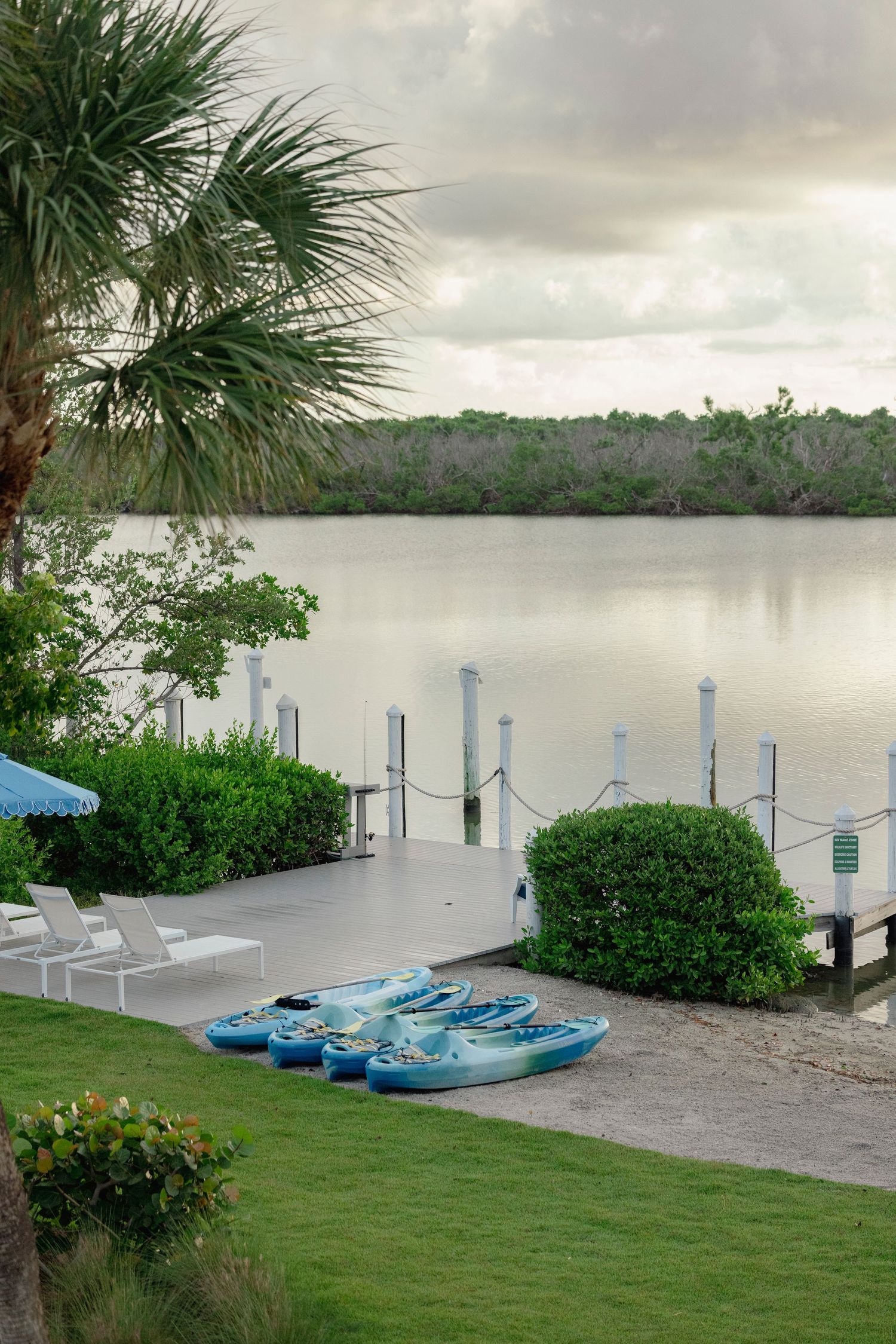 Waterfront property with blue kayaks and lounge chairs along a grassy shoreline.